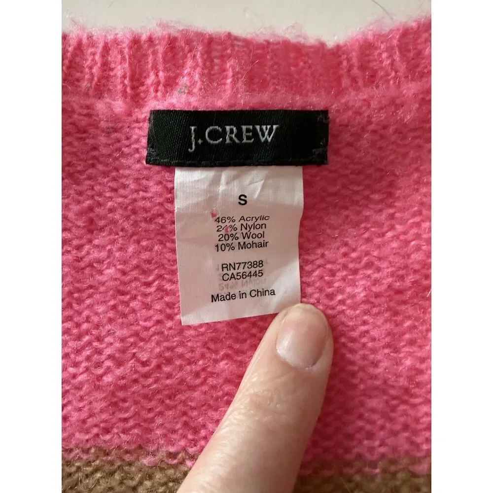 J Crew Y2K Sweater V Neck Mohair Wool Blend Pink Stripe Button Preppy Academia S